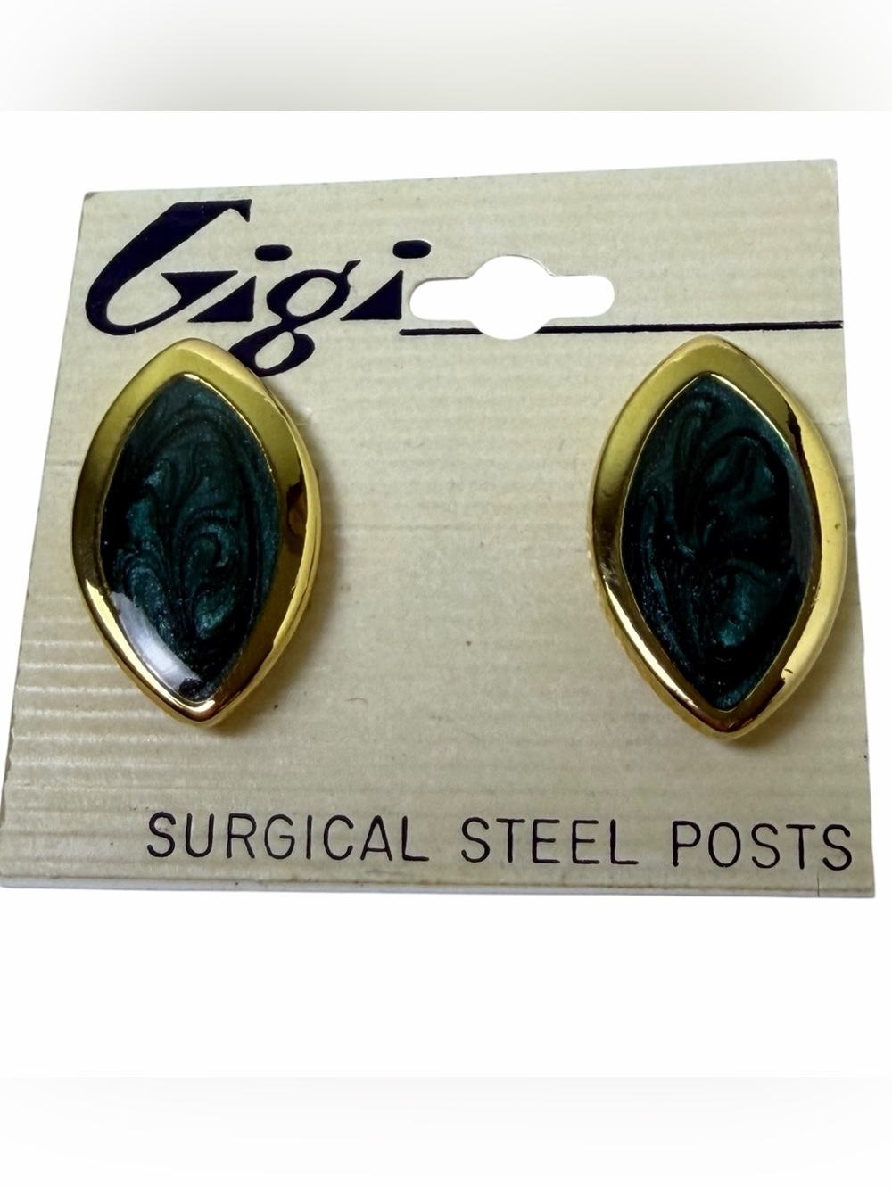 Gigi Green Marbled Enamel Gold Tone Stud Earrings Surgical Steel Posts